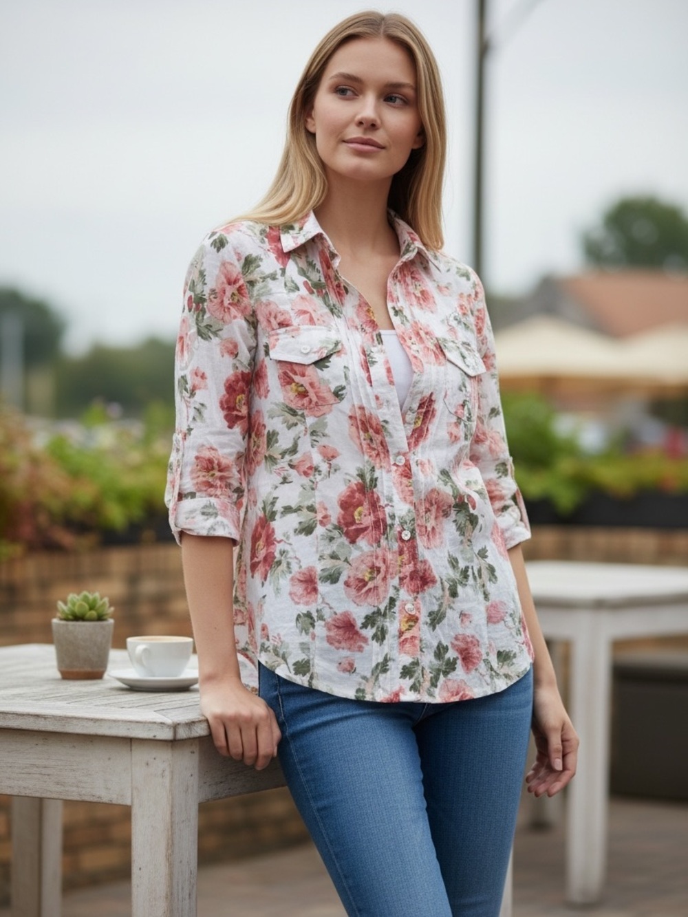 Eden & Olivia Roses Floral Print Pleated Front Button Down Shirt Blouse